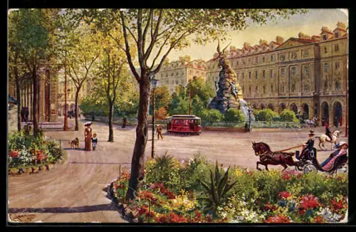 Künstler-AK Torino, Piazza Statuto e Monumento Frejus, Strassenbahn