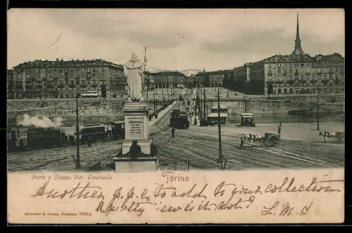 AK Torino, Ponte e Piazza Vittorio Emanuele, Strassenbahn