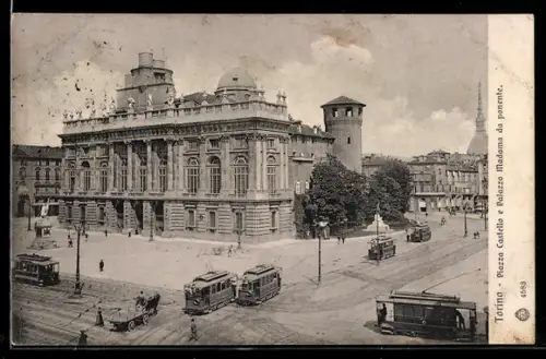 AK Torino, Piazza Castello e Palazzo Madama da ponente, Strassenbahn