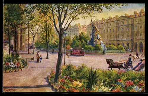 Künstler-AK Torino, Piazza Statuto e Monumento Frejus, Strassenbahn