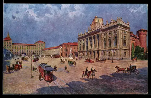 Künstler-AK Rorino, Piazza Castello col Palazzo Reale mit Strassenbahn
