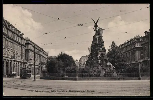 AK Torino, Piazzadello Statuo e Monumento del Freyus, Strassenbahn