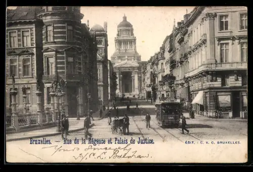 AK Bruxelles, Rue de la Régence et Palais de Justice, Strassenbahn