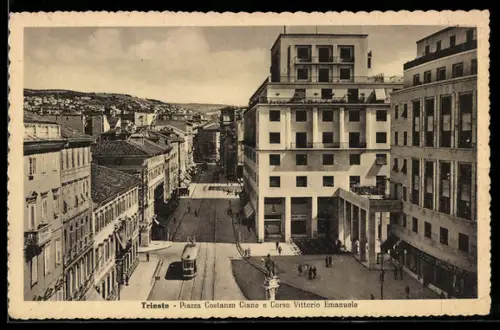 AK Trieste, Piazza Costanzo Ciano e Corso Vittorio Emanuele, Strassenbahn
