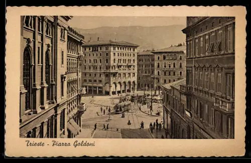 AK Trieste, Piazza Goldoni, Strassenbahn