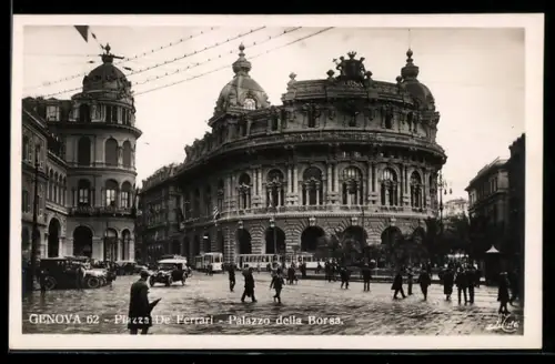 AK Genova, Piazza De Ferrari, Palazzo della Borsa, Strassenbahn