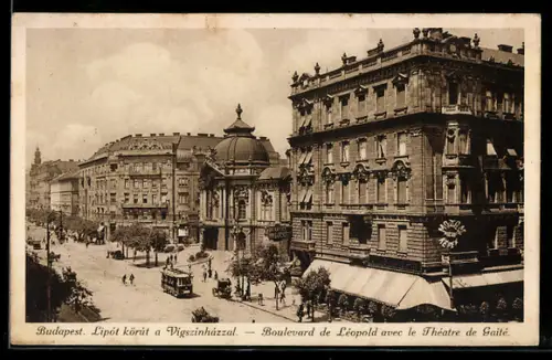 AK Budapest, Lipót körút a Vígszíházzal, Strassenbahn