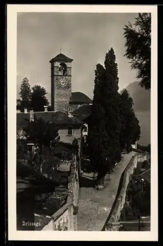 AK Brissago, Kirchturm und Uferweg am See