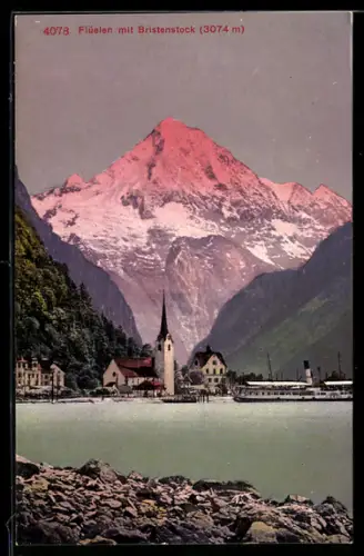 AK Flüelen, Blick auf Kirche und See mit Bristenstock