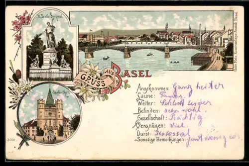 Lithographie Basel, Panorama mit Rheinbrücke, Spalenthor, St. Jacobs Denkmal