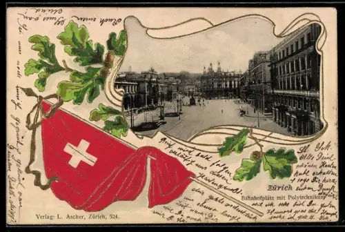 Präge-Lithographie Zürich, Bahnhofplatz mit Polytechnikum, Passepartout mit Fahne