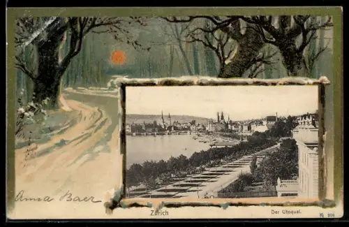 Lithographie Zürich, Der Utoquai, Blick auf Uferpromenade, Passepartout mit Winterlandschaft