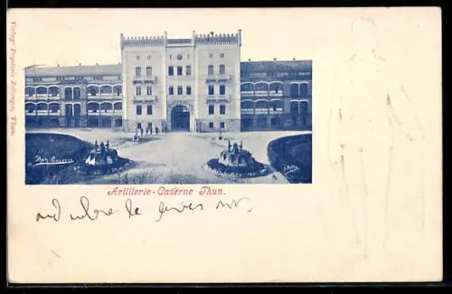 Präge-AK Thun, Artillerie-Caserne, rückseitig Soldat in Uniform