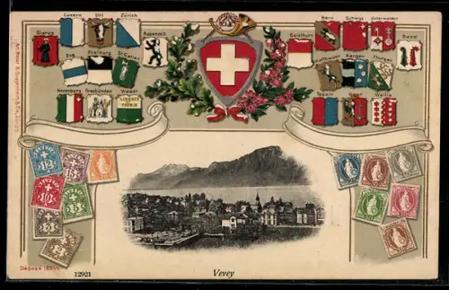 Präge-AK Vevey, Teilansicht mit See und Gebirgspanorama, Passepartout mit Wappen