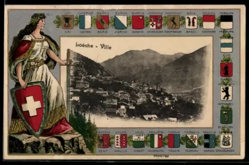 Präge-AK Loèche, Ville, Panorama mit Ort, Kirche und Bergkulisse, Passepartout mit Helvetia und Wappen