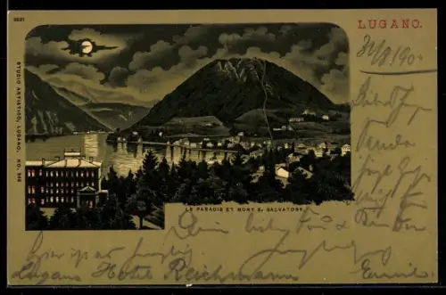 Mondschein-Lithographie Lugano, Le Paradis et Mont S. Salvatore