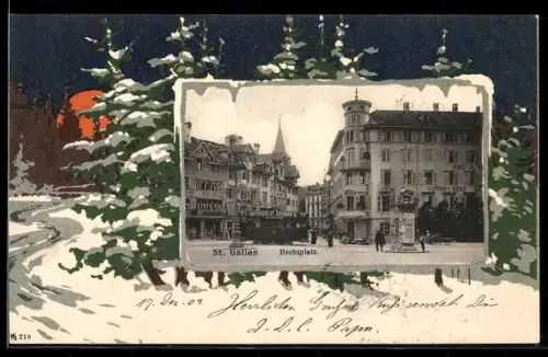 AK St. Gallen, Hechtplatz, Passepartout mit verschneitem Wald