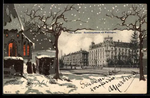 AK St. Gallen, Rosenbergstrasse mit Washington, Passepartout mit verschneiter Kirche