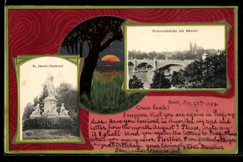 AK Basel, Wettsteinbrücke mit Münster, St. Jacobs-Denkmal, Passepartout mit Sonnenuntergang