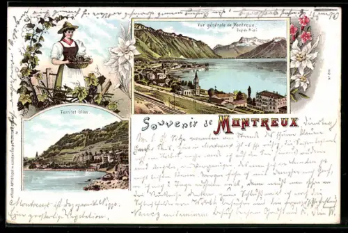 Lithographie Montreux, Territet-Glion, Vue générale