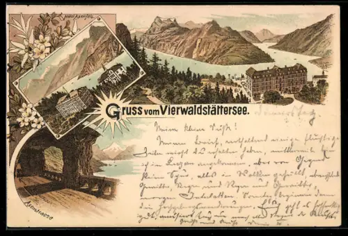 Lithographie Axenfels /Vierwaldstättersee, Hotel Axenfels und Axenstrasse