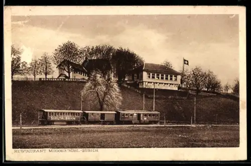AK Zürich, Restaurant Muggenbühl mit Sihltalbahn