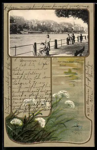 Lithographie Basel, Am obern Rheinweg im Blumen-Passepartout