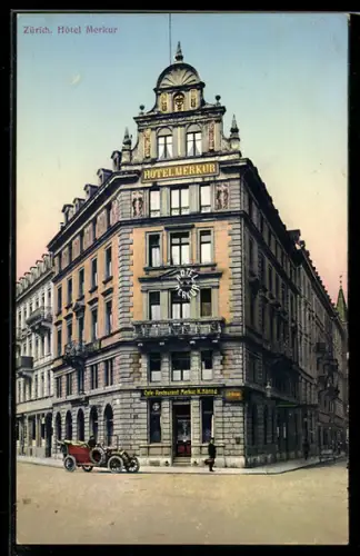 AK Zürich, Hotel Merkur, Eckansicht mit Café-Restaurant K. Häring