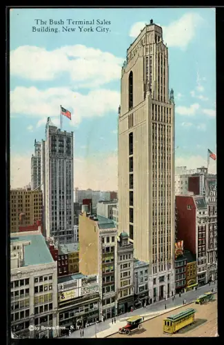 AK New York City, Strassenbahn passiert das Bush Terminal Sales Building