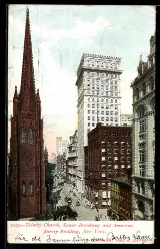 AK New York, NY, Trinity Church, Lower Broadway and American Surety Building