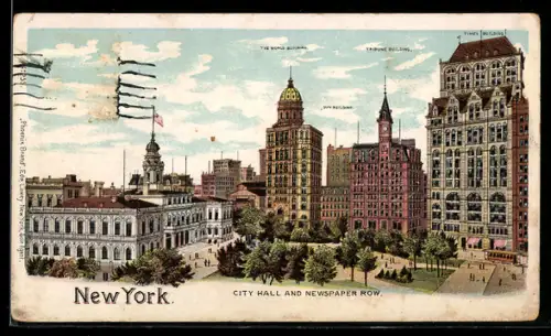 Lithographie New York, NY, City Hall and Newspaper Row