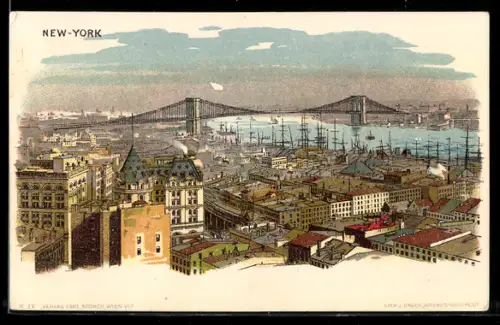 Lithographie New York, Bridge and Roofs, Adalbert Kalaous