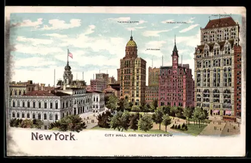 Lithographie New York, NY, City Hall and Newspaper Row