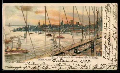 Künstler-Lithographie New York, NY, View from the Bridge