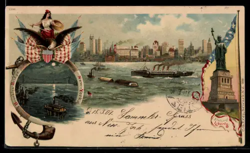 Lithographie New York, NY, Panorama, Brooklin Bridge, Freiheitsstatue