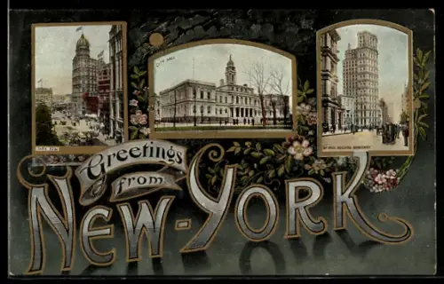 AK New York, NY, Park Row, City Hall and St. Paul Building Broadway