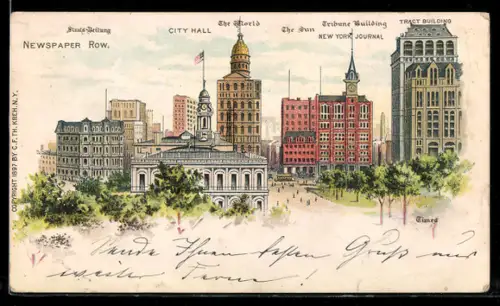 Lithographie New York, NY, Newspaper Row, City Hall, New York Journal