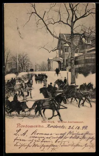 AK New York, NY, Winterliche Ortspartie mit Pferdekutschen
