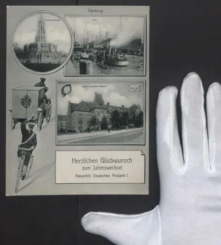 Riesen-AK Hamburg-St.Pauli, Kaiserlich Deutsches Postamt, Postbote mit E-Auto & Fahrrad, Bismarckdenkmal, Hafen