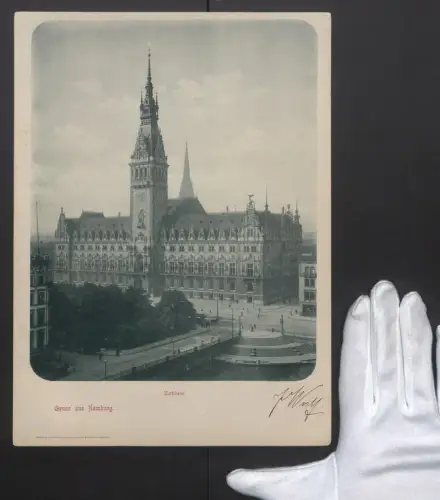 Riesen-AK Hamburg, Strassenkreuzung und Pferdebahn am Rathaus