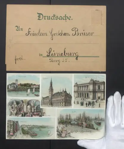 Riesen-Lithographie Hamburg, Jungfernstieg, Uhlenhorst, Börse, Hafen mit Schiff Augusta Victoria, Rathsweinkeller