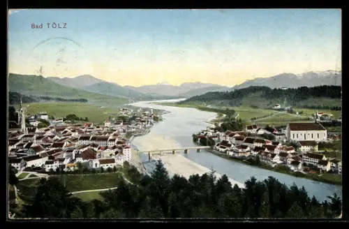 AK Bad Tölz, Stadtansicht mit Isar und Brücke