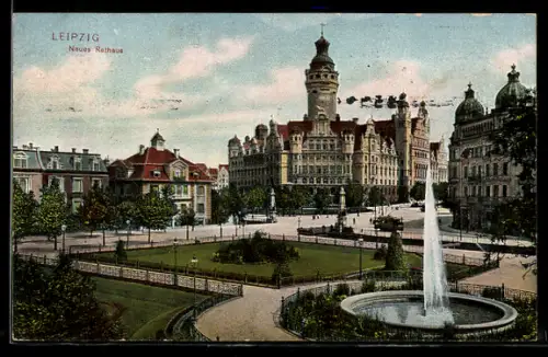 AK Leipzig, Neues Rathaus, Brunnen, Parkanlage