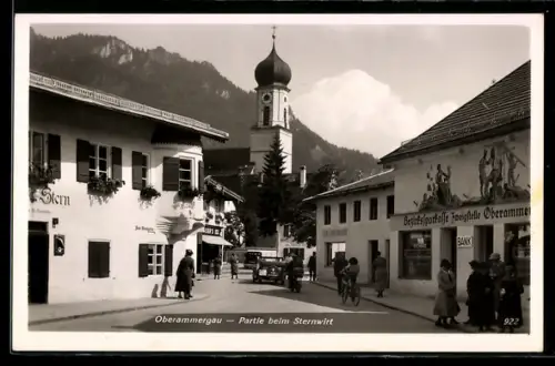 AK Oberammergau, Partie beim Sternwirt, Bezirks-Sparkasse, Kirche