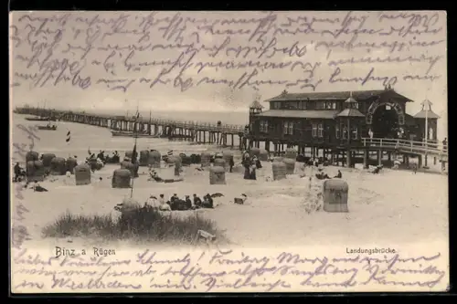 AK Binz a. Rügen, Landungsbrücke, Strand mit Badegästen und Strandkörben