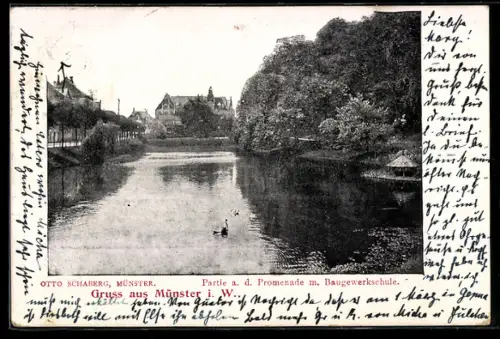 AK Münster i. W., Promenade mit Baugewerkschule