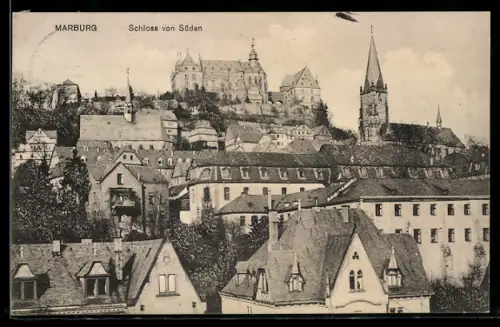 AK Marburg, Teilansicht mit Schloss von Süden