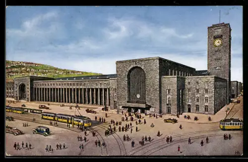AK Stuttgart, Hauptbahnhof, Strassenbahnen, Bahnhofsvorplatz