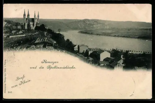 AK Remagen, Ortsansicht mit Apollinariskirche u. Rhein