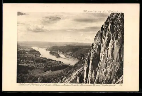 AK Rhöndorf /Rhein, Felspartie an der Wolkenburg, Ortsansicht mit Inseln Nonnenwerth u. Grafenwerth